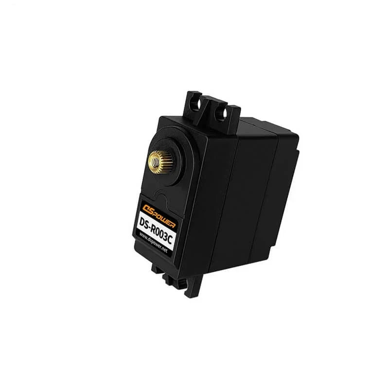 Black DSpower DS-R003C servo motor shown from the output face, with the gold splined shaft and mounting ears visible.