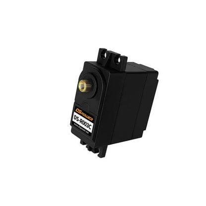 Black DSpower DS-R003C servo motor shown from the output face, with the gold splined shaft and mounting ears visible.