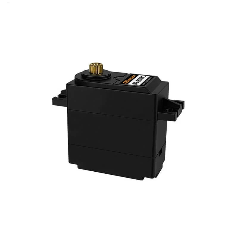 Black DSpower DS-R003C servo motor shown from above with a gold splined output shaft and side mounting tabs.