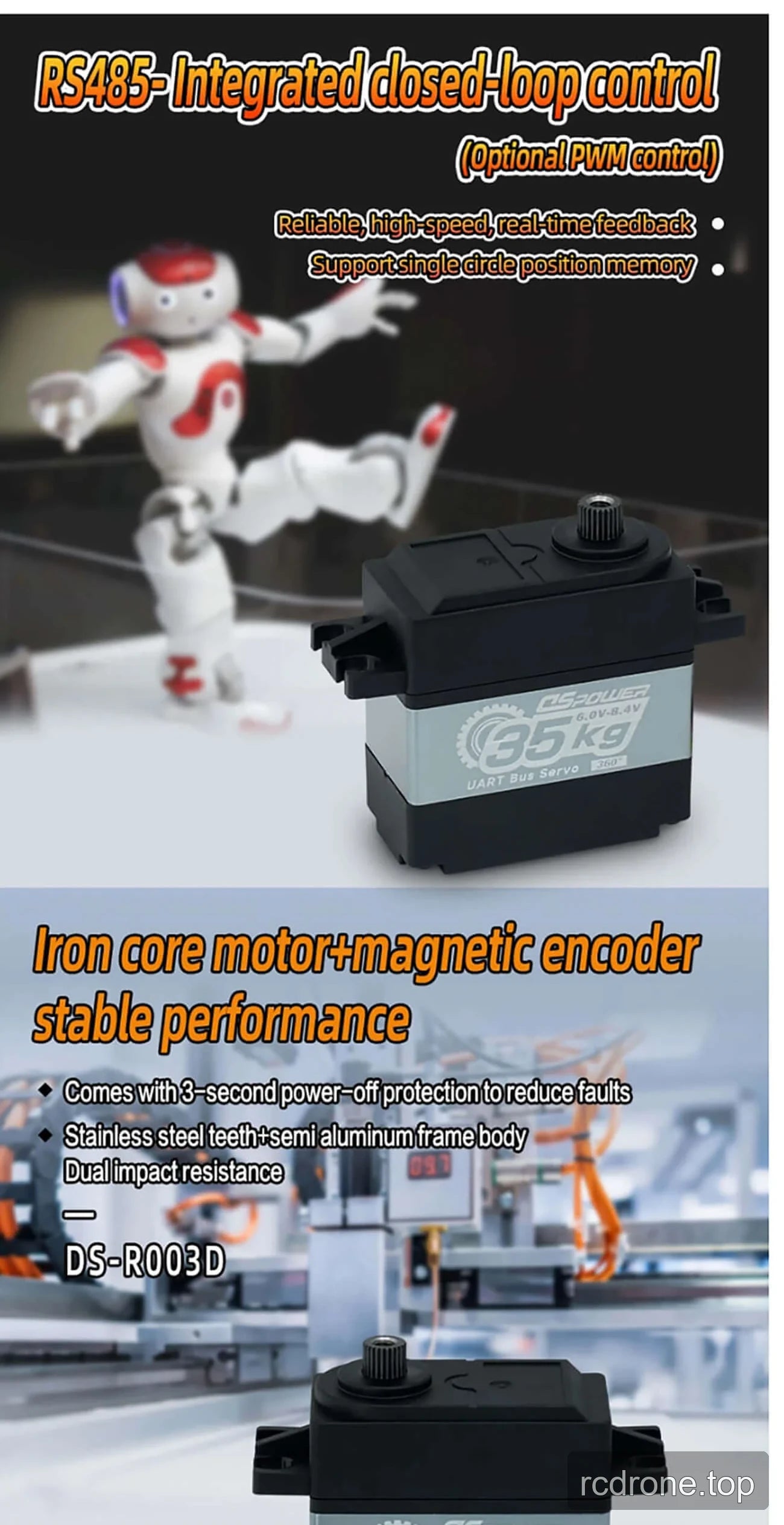 DSpower DS-R003D servo with labeled RS485, 35 kg and 360° features — section 2 of 3