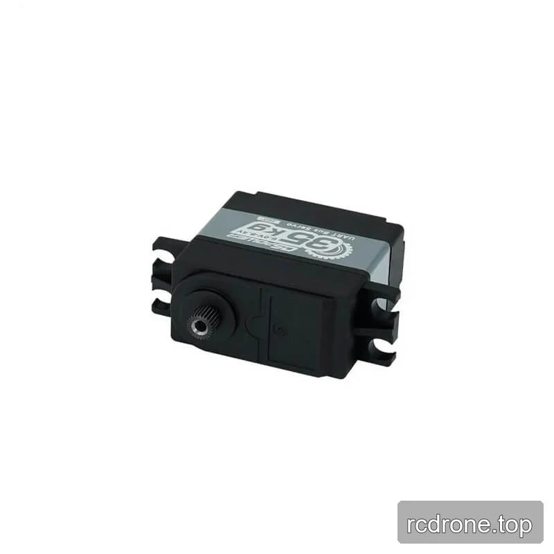 Low angled view of the DSpower DS-R003D servo showing the front output spline and four mounting ears.