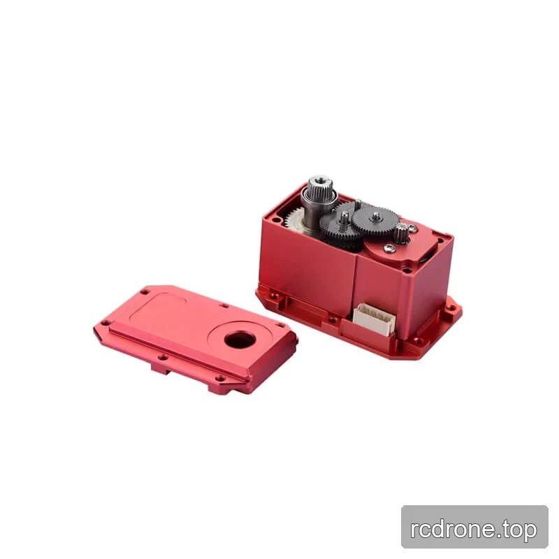 Opened red DSpower DS-R006 servo motor housing showing internal gears, output shaft, connector, and removed cover.