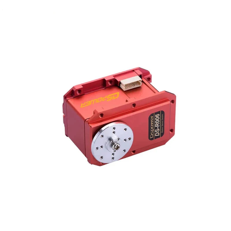 Red DSpower DS-R006 servo motor viewed from the output plate end, with connector and mounting flange visible.