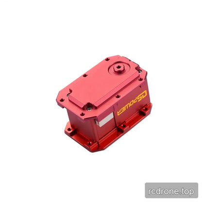Red DSpower DS-R006 servo motor rear-side view showing the top cover, central output shaft, connector, and mounting tabs.