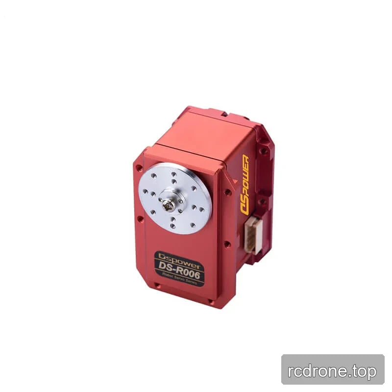 Upright red DSpower DS-R006 servo motor with silver circular output plate, DS-R006 label, and side connector.