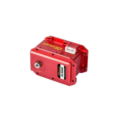 Red DSpower DS-R006B servo motor shown on its side with the white connector and splined output shaft visible.