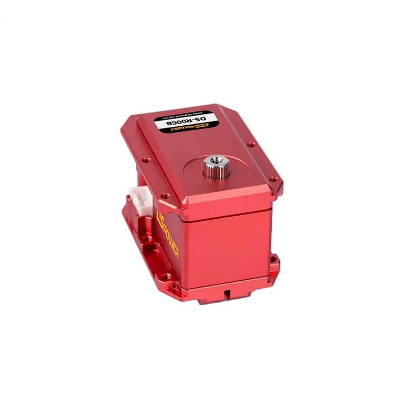 Red DSpower DS-R006B servo motor shown upright with a splined output shaft and mounting base.