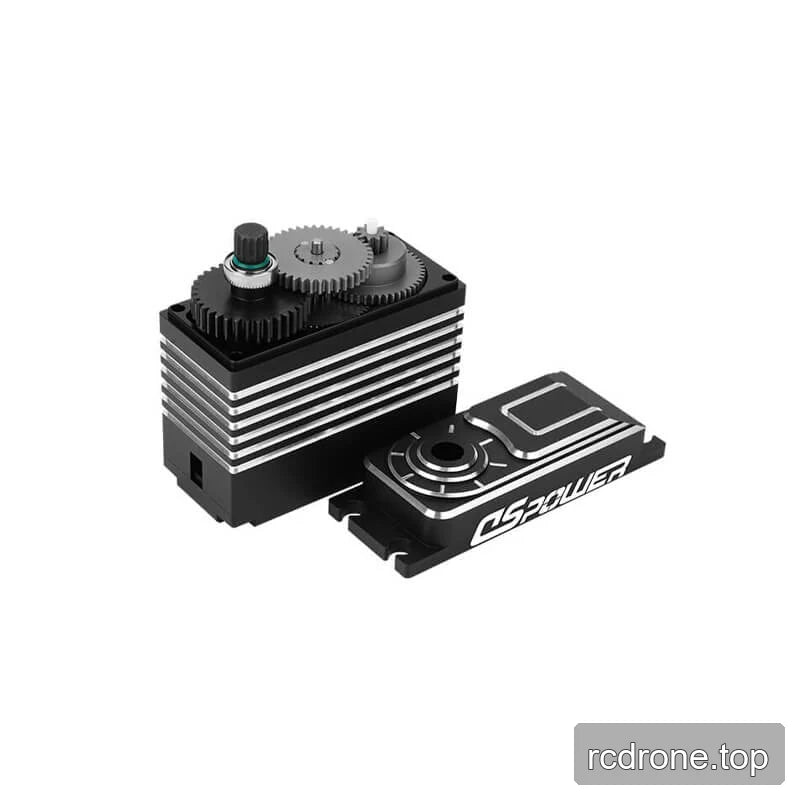 Open black DSpower DS-R009D servo motor with the cover removed, exposing the internal gear train and output shaft.