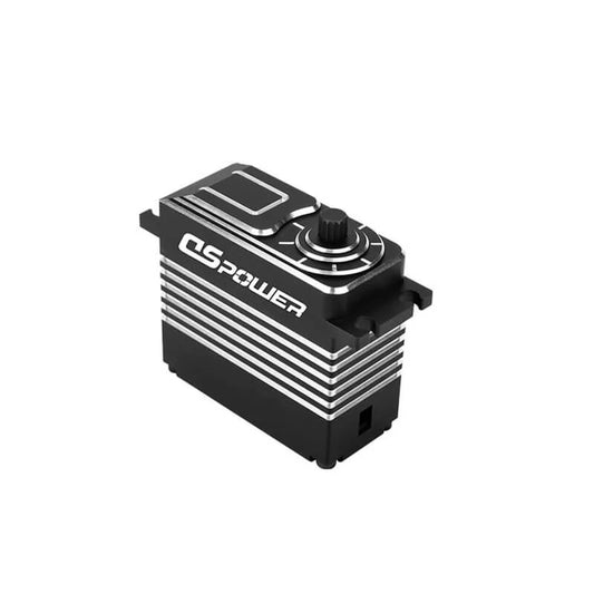 Black DSpower DS-R009D servo motor shown from above, with splined output shaft and silver-striped housing.