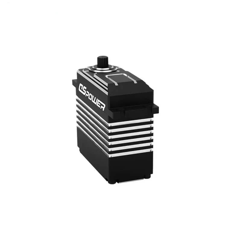 Black DSpower DS-R009D servo motor in an upright rear-side view, showing the output shaft and striped metal housing.