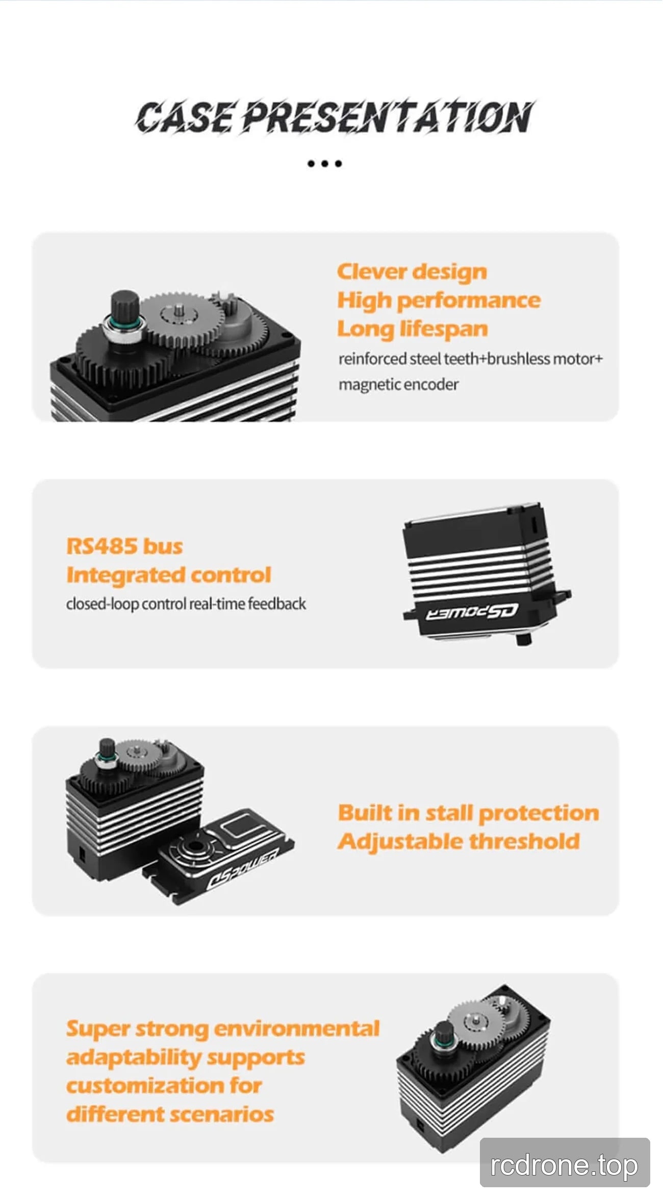 DSpower DS-R009F servo motor feature panel with metal shell and steel gear set — section 4 of 4