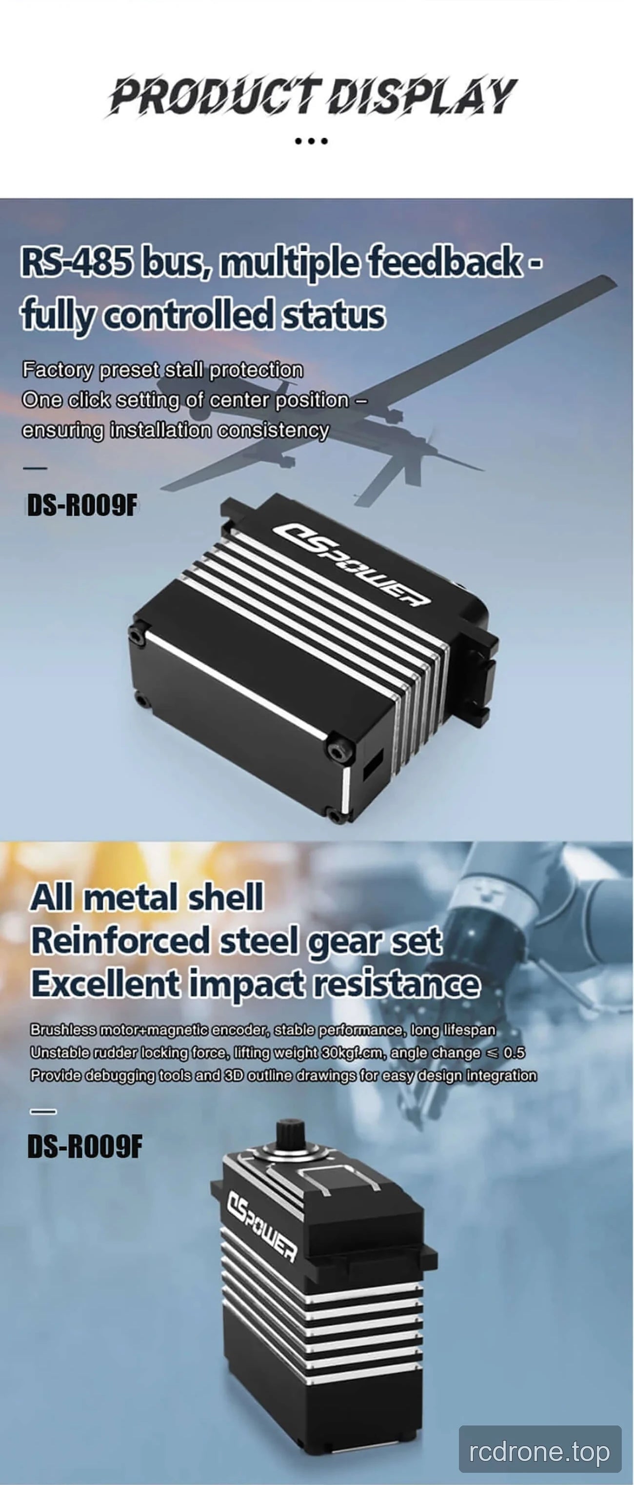 DSpower DS-R009F servo motor feature panel with metal shell and steel gear set — section 3 of 4