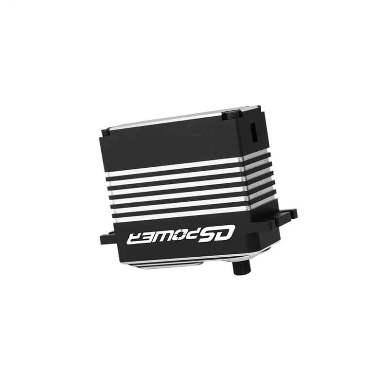 Side and underside view of the black DSpower DS-R009F servo motor, showing the finned housing, mounting tabs, and output shaft.