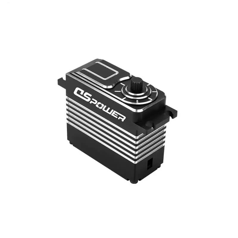 Black DSpower DS-R009F servo motor shown from above, with output spline, mounting tabs, and silver finned housing.