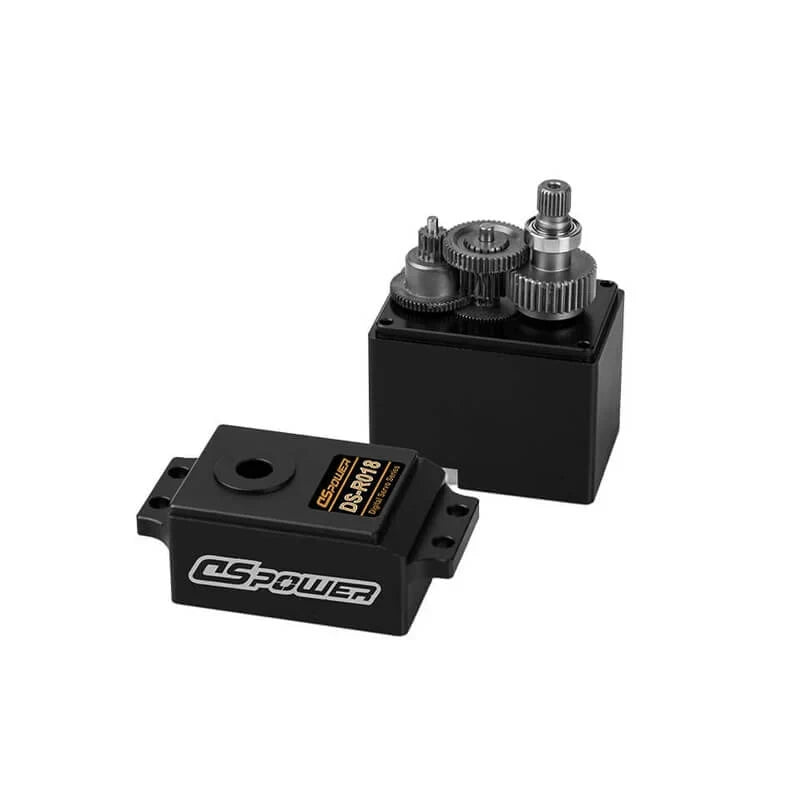 DSpower DS-R018 servo housing opened to show the internal metal gear train and output shaft assembly.