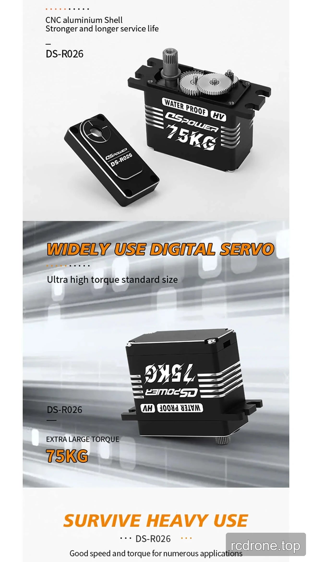 DSpower DS-R026 brushless servo features, applications, output spline, and mounting hardware — section 3 of 5
