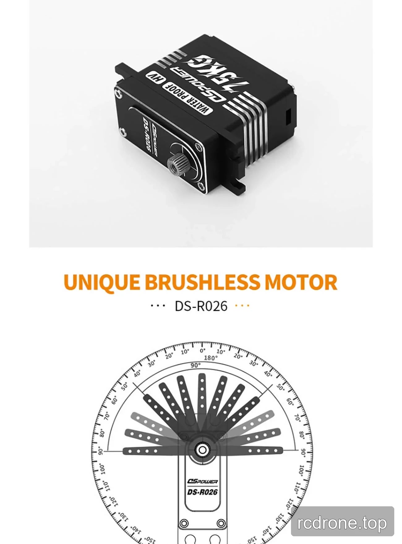 DSpower DS-R026 brushless servo features, applications, output spline, and mounting hardware — section 4 of 5