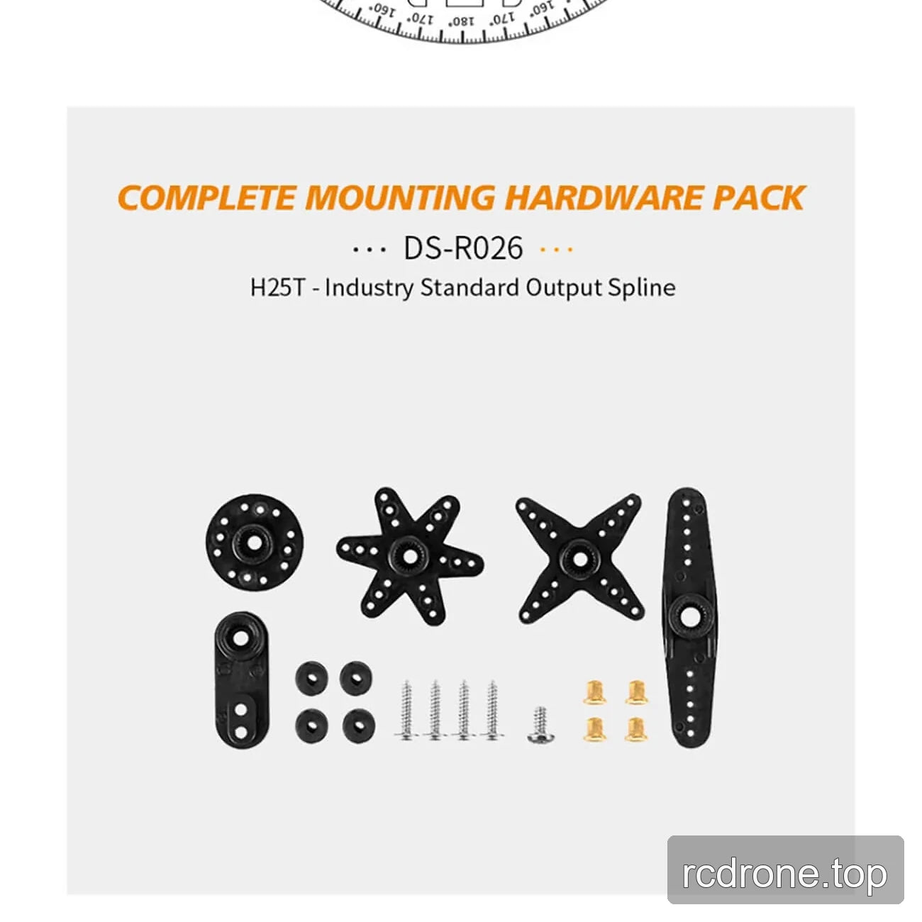 DSpower DS-R026 brushless servo features, applications, output spline, and mounting hardware — section 5 of 5