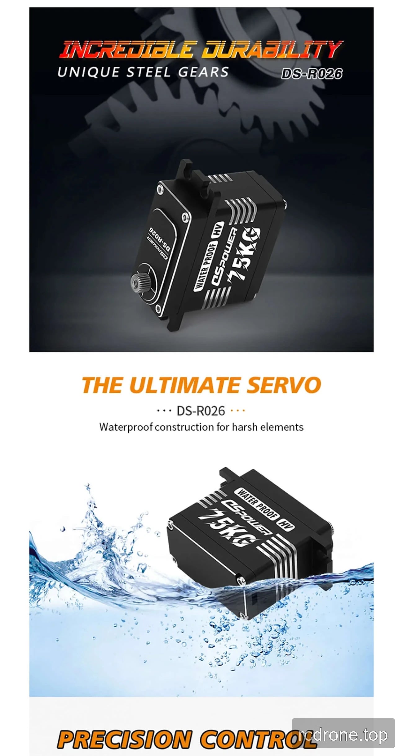 DSpower DS-R026 brushless servo features, applications, output spline, and mounting hardware — section 2 of 5