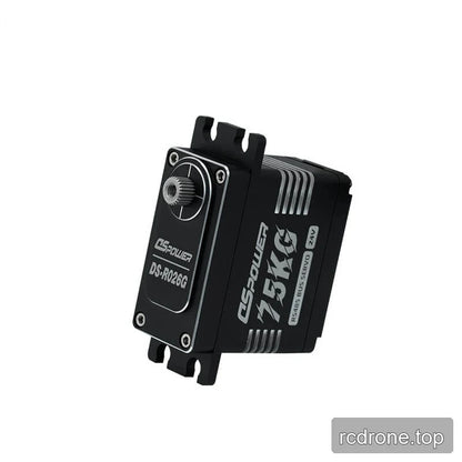 Black DS-R026G servo motor in angled front view, showing the splined output shaft, mounting tabs, and RS485 label.