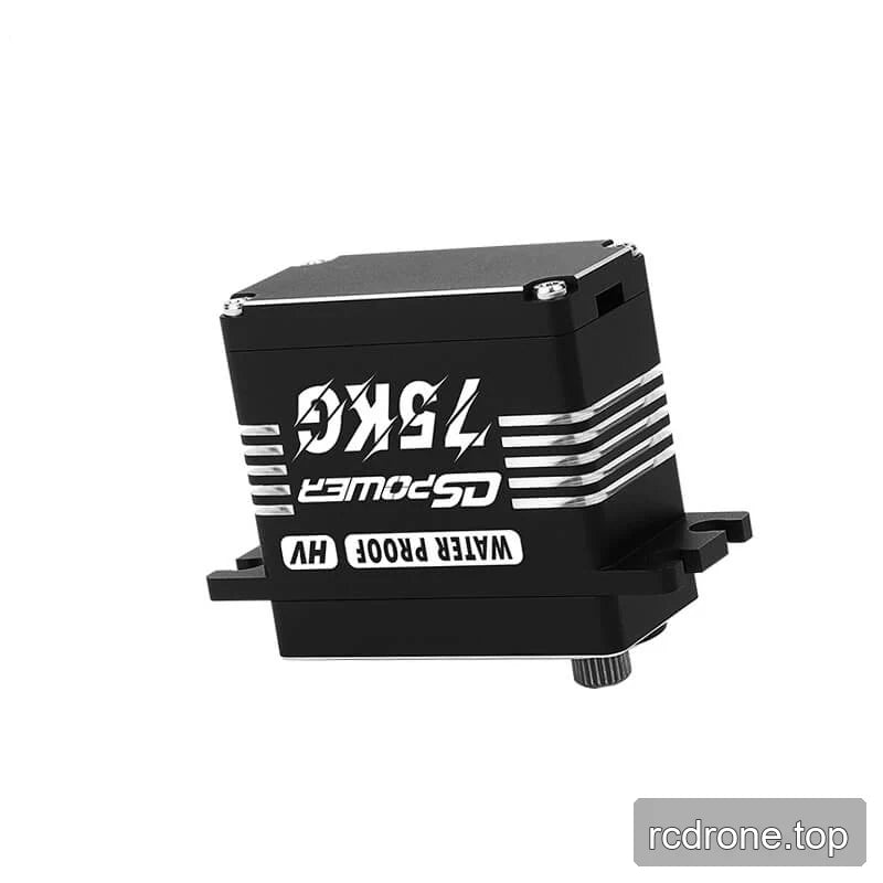 Black DS-R026 servo motor shown upside down in side profile, with silver striped housing detail and output shaft.