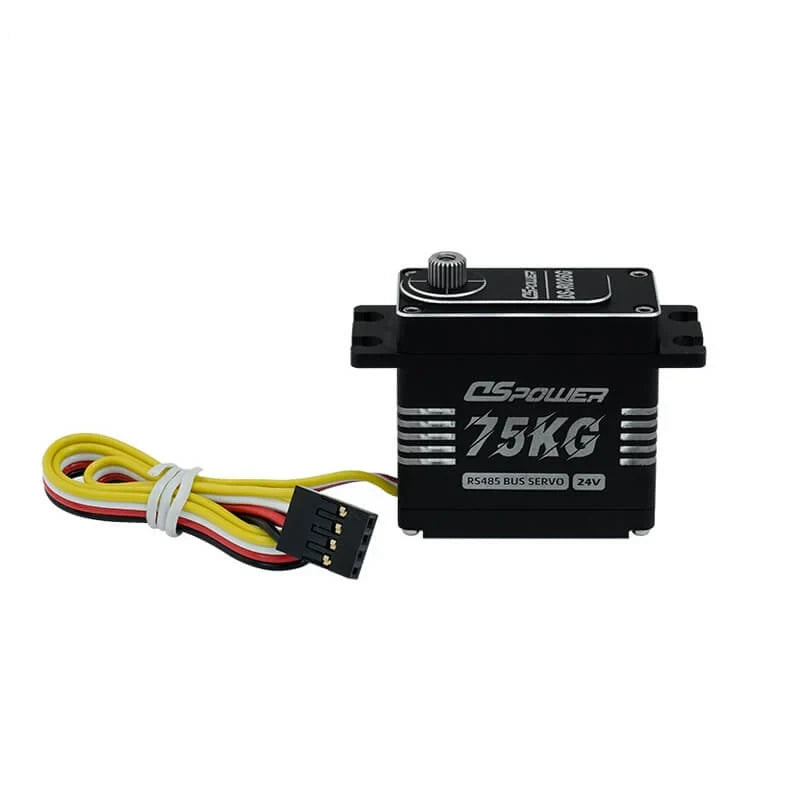 Black DSpower RS485 bus servo marked 24V, shown front-on with a yellow, red, and black lead and connector.