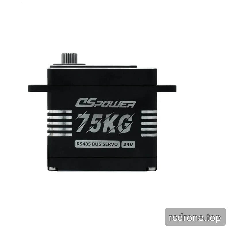 Front view of a black DSpower servo marked 15KG, RS485 BUS SERVO, and 24V, with top output shaft.