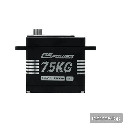 Front view of a black DSpower servo marked 15KG, RS485 BUS SERVO, and 24V, with top output shaft.