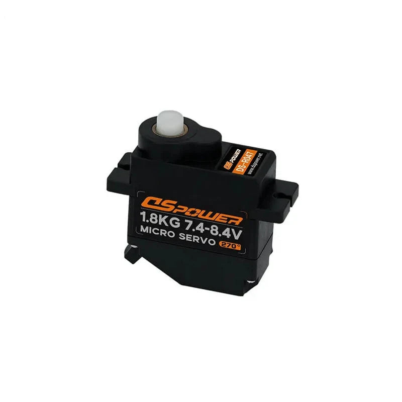 DSpower DS-R047 black micro servo shown in a front three-quarter view with white output shaft and mounting tabs.