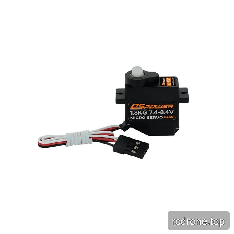 DSpower DS-R047 micro servo with its attached white, red, and black lead wire and black three-pin connector.