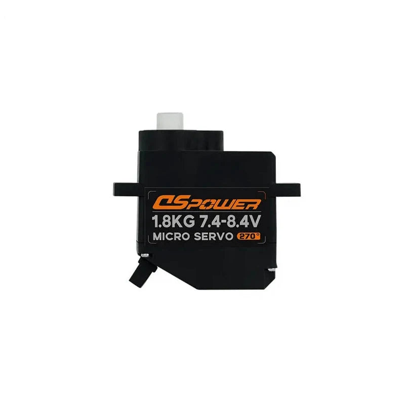 DSpower DS-R047 micro servo in straight-on side view, showing its mounting tabs, output shaft, and 1.8KG label.