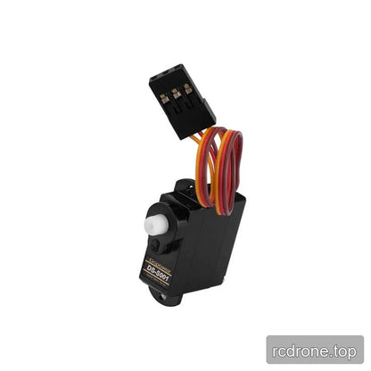 Black DS-S001 servo standing upright with its three-wire lead and black three-pin connector visible.