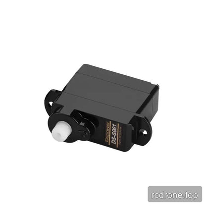 Black DS-S001 servo body with white output shaft and two mounting ears, viewed from above at an angle.