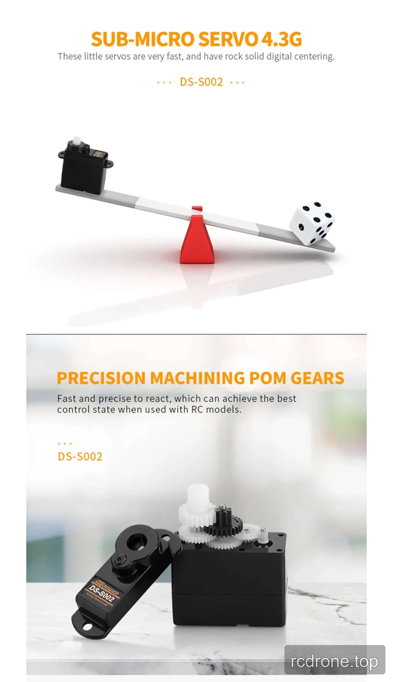 DSpower DS-S002 4.3 g micro servo with lead, gears, and servo horns — section 3 of 5