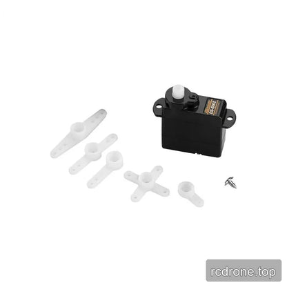 Black DSpower DS-S002 servo with white output spline, five white control horns, and two small mounting screws.