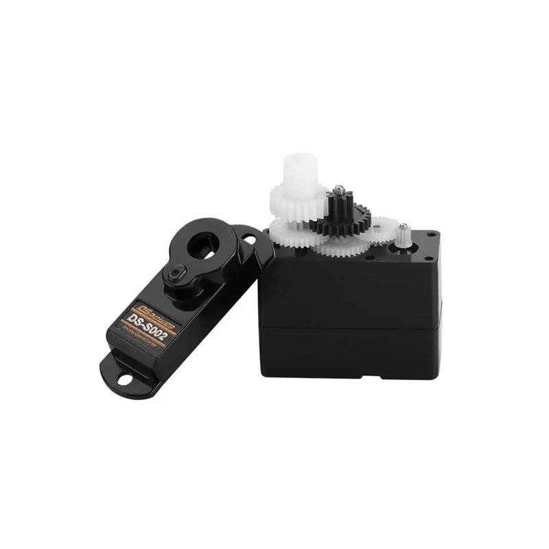DSpower DS-S002 servo shown beside its removed top cover, exposing the internal white and black gear train.