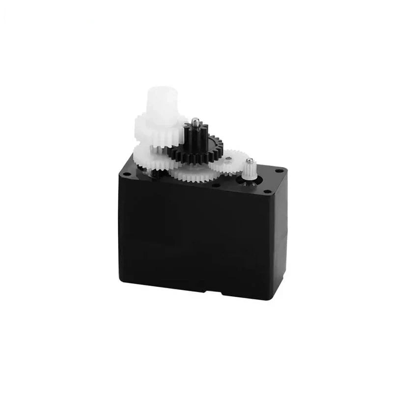 Open black DSpower DS-S002 servo housing with exposed white and black reduction gears on a white background.