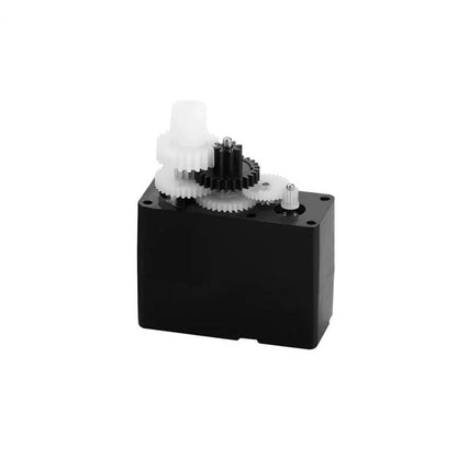 Open black DSpower DS-S002 servo housing with exposed white and black reduction gears on a white background.
