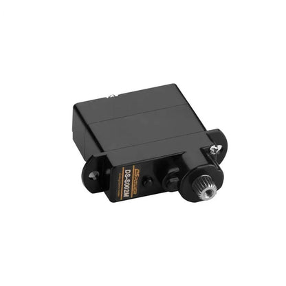 Black DSpower DS-S002M servo motor shown from the rear-side angle with its metal splined output shaft visible.