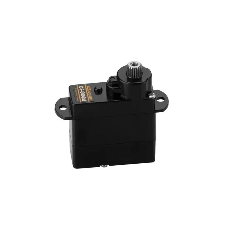 Black DSpower DS-S002M servo motor shown upright with mounting tabs and a metal splined output shaft.