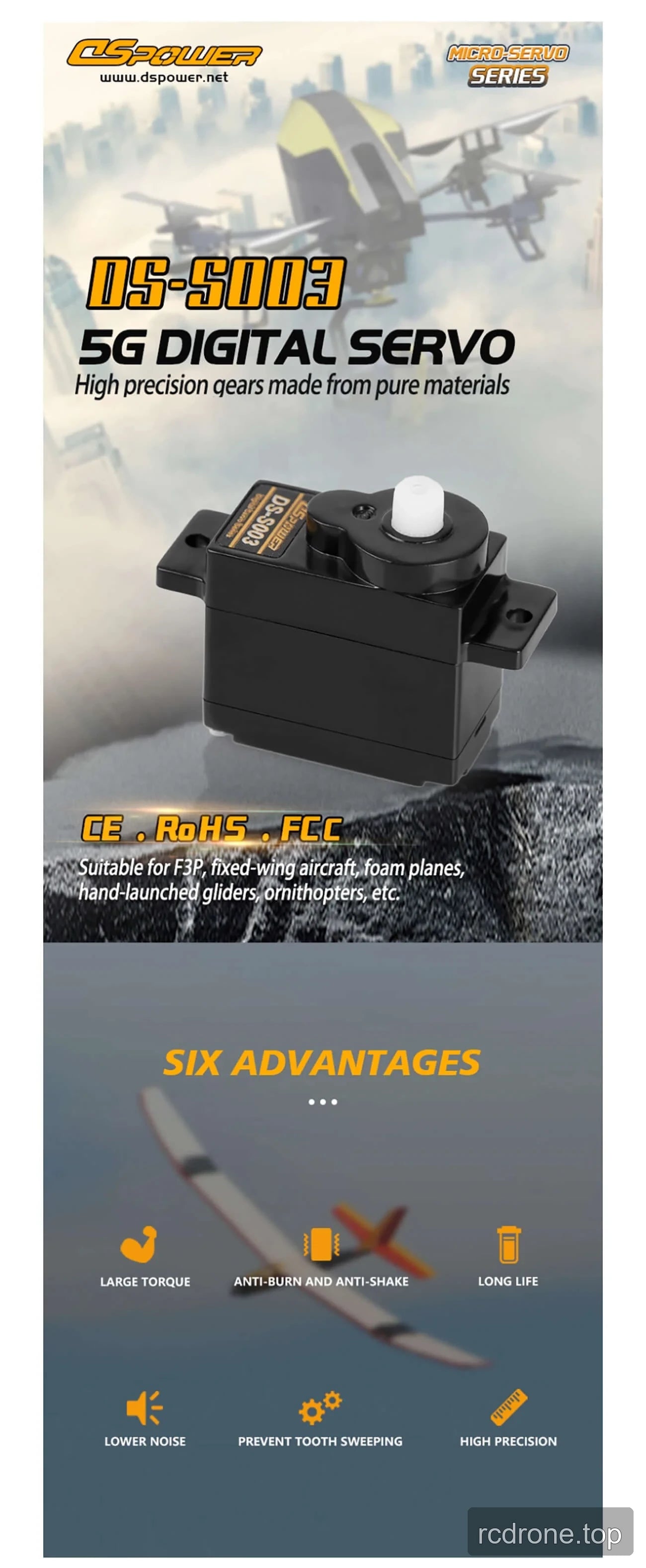 DSpower DS-S003 digital servo feature and application graphic — section 1 of 4