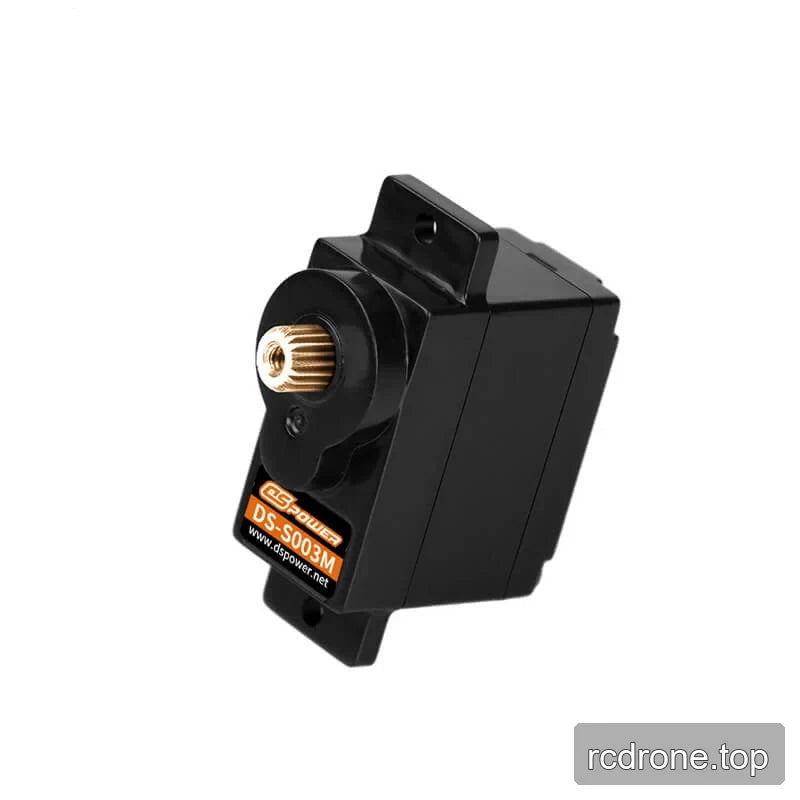 DSpower DS-S003M servo motor at an angled side view, showing the gold-colored output shaft and mounting tabs.
