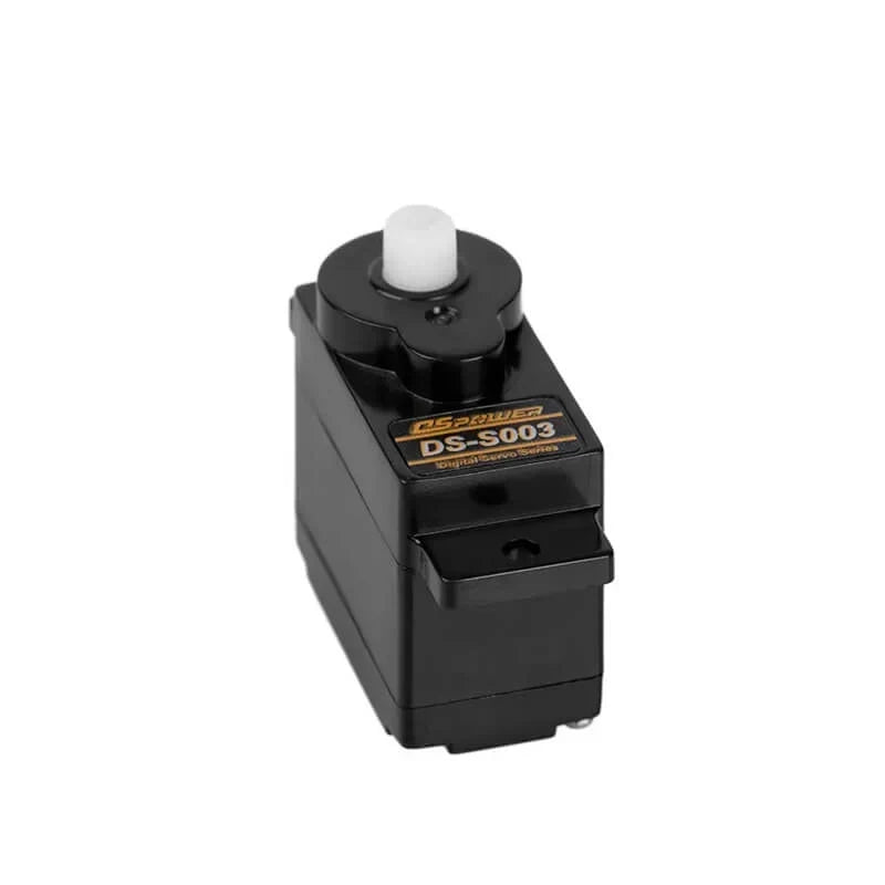 Black DSpower DS-S003 servo motor with a white output shaft cap, shown upright on a white background.