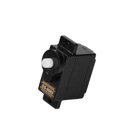 DSpower DS-S003 servo motor shown at an angled side view with mounting tabs and white output shaft cap.