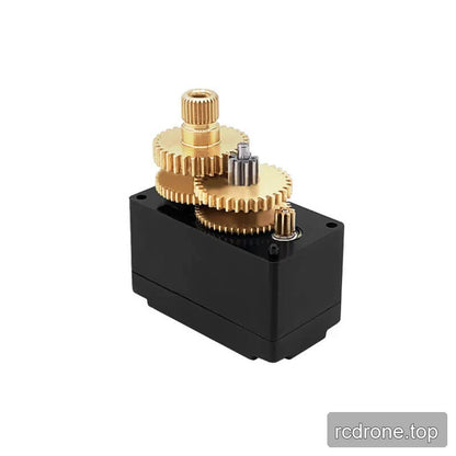 Opened black servo body displaying a gold-colored internal gear train and splined output shaft.