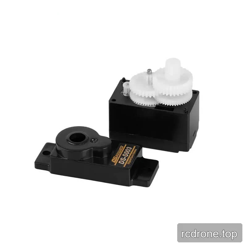 Opened DSpower DS-S003 servo housing showing the internal white plastic gear train beside the removed cover.