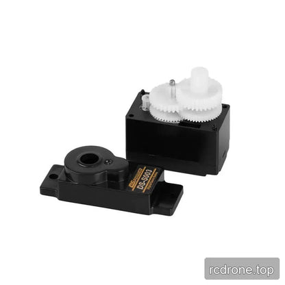Opened DSpower DS-S003 servo housing showing the internal white plastic gear train beside the removed cover.