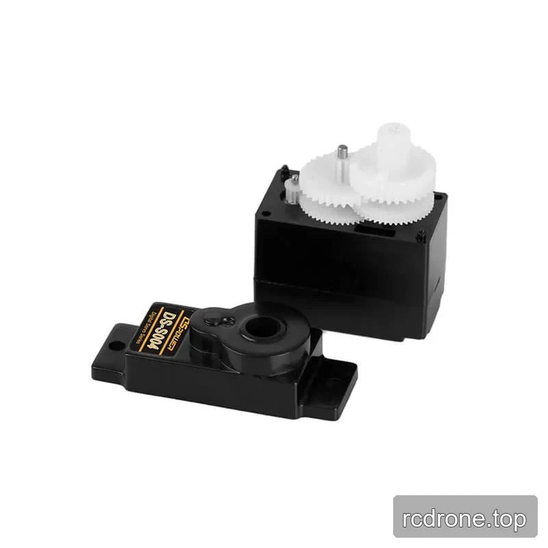 Opened DSpower DS-S004 servo motor with its cover removed, revealing white internal gears inside the black housing.