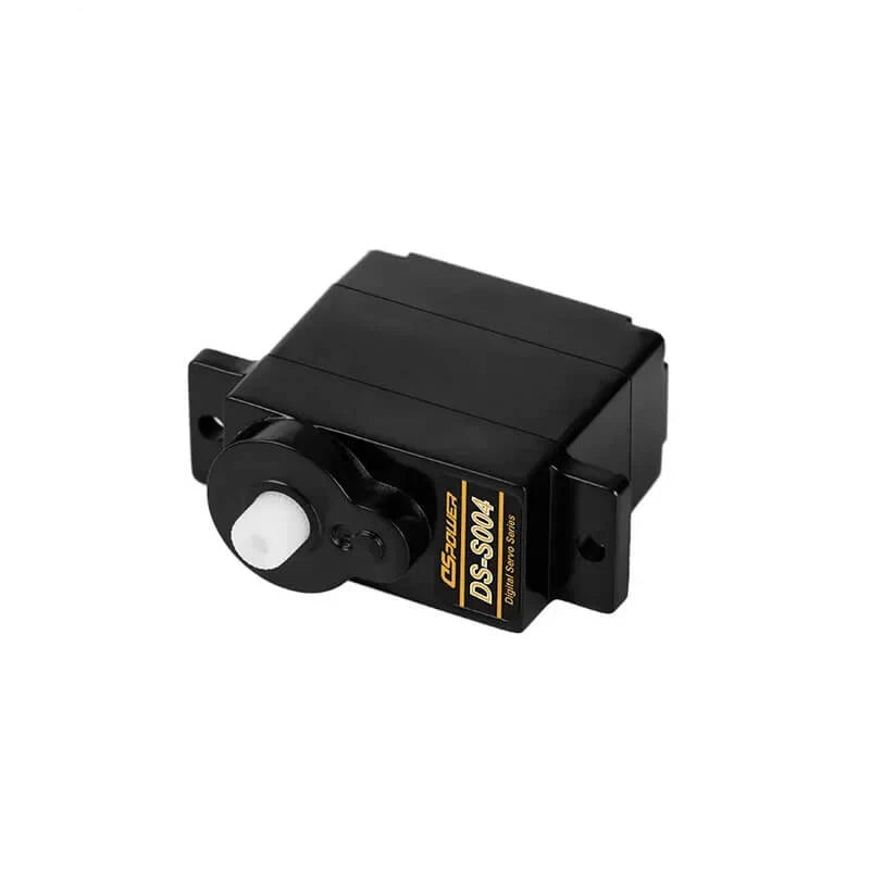 Black DSpower DS-S004 servo motor shown horizontally, highlighting the white output shaft and two mounting tabs.