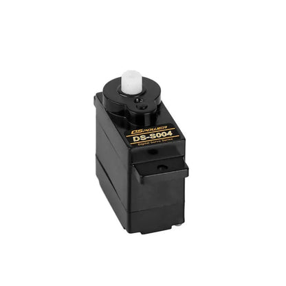 Black DSpower DS-S004 servo motor shown upright with white output shaft and front mounting tab.